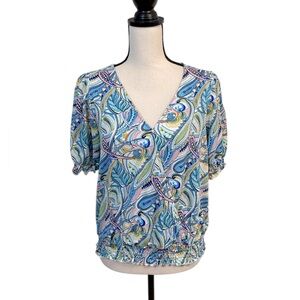 Melloday Pastel Paisley Crossover Blouse Puff Sleeve Feminine Spring Size M